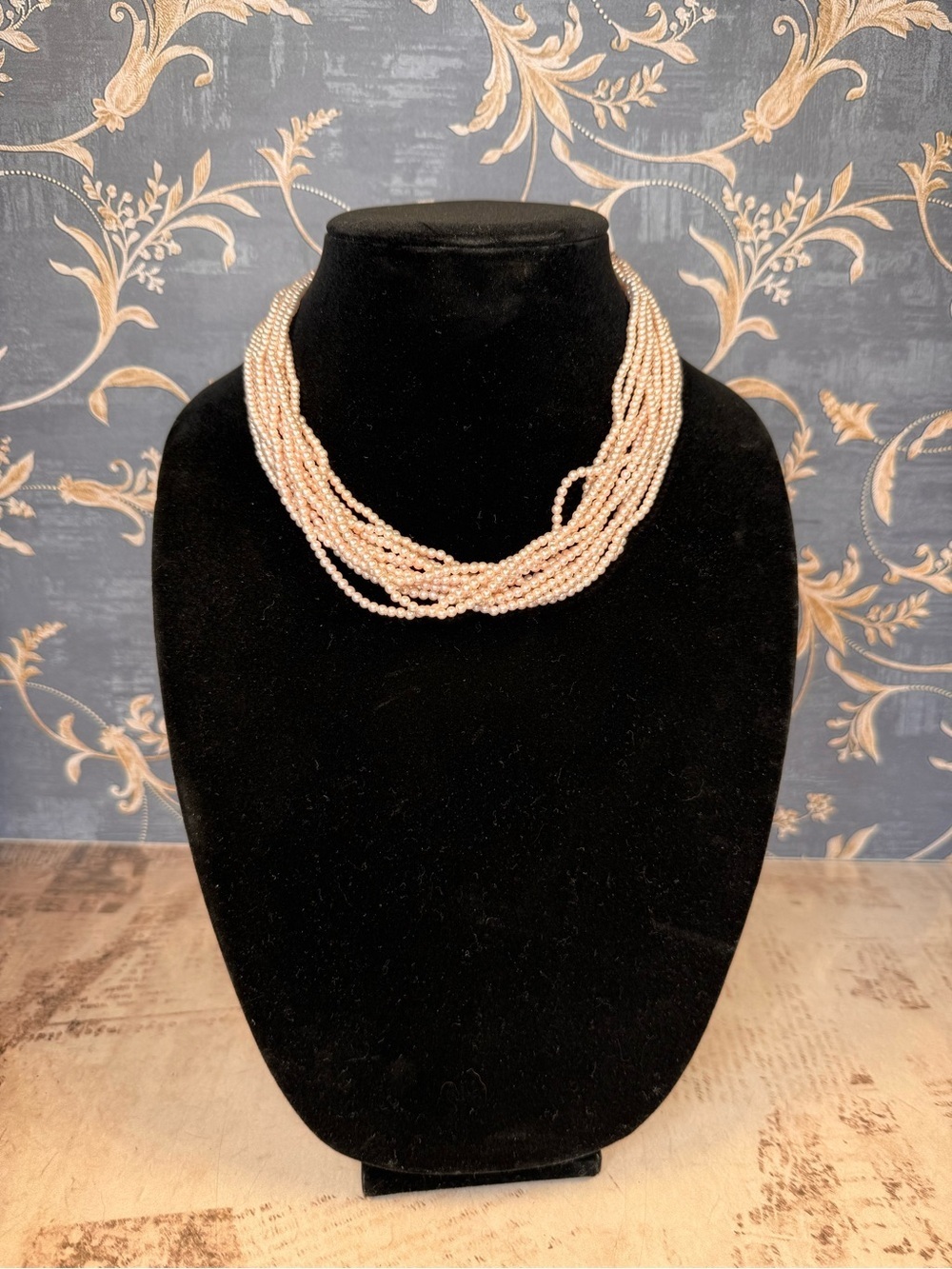 Vintage Pink Faux Pearl Multi Strand Necklace Silver Tone Estate Lot A64